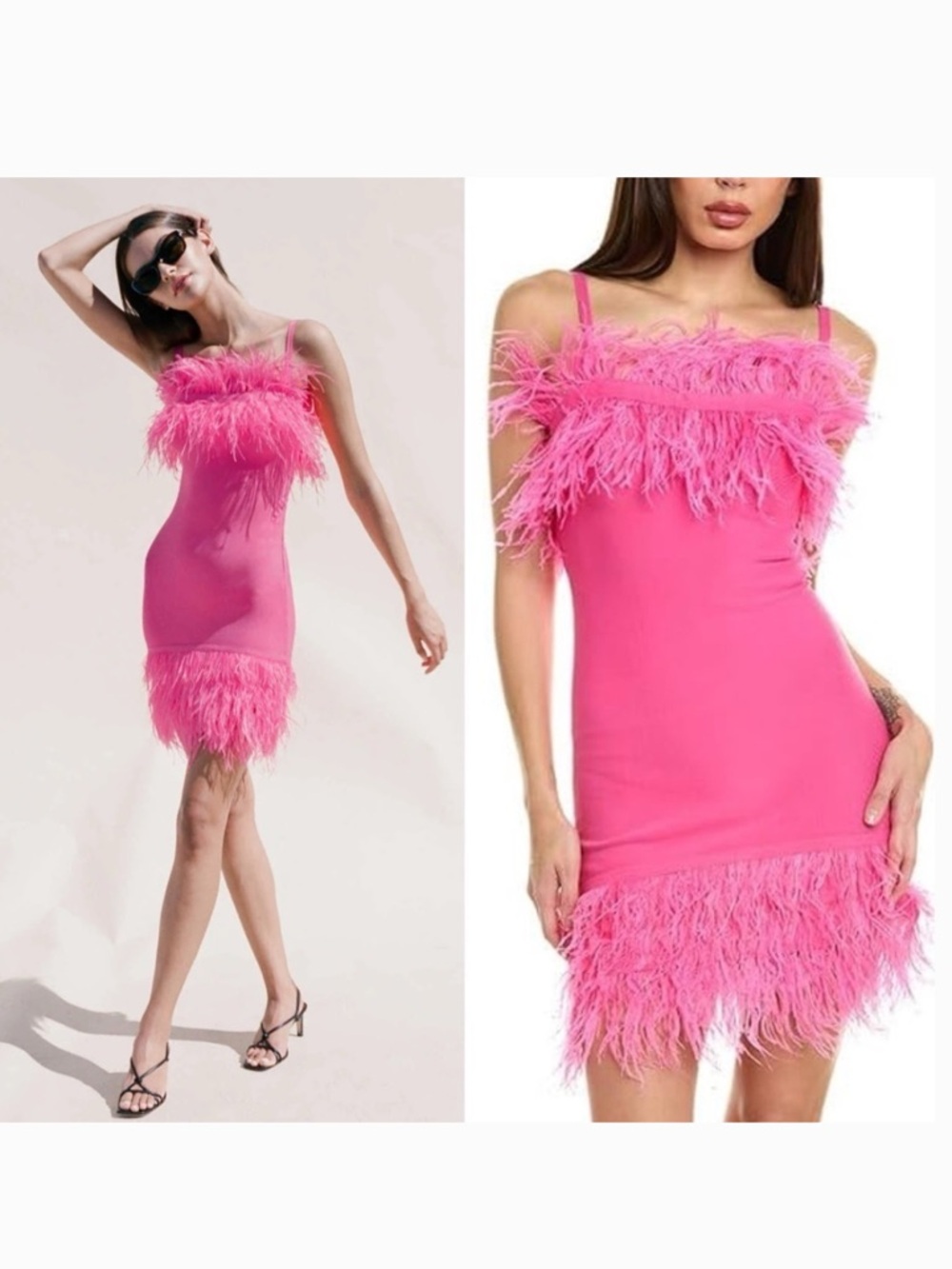 STAUD Etta Dress Feather Trim Stretch Knit Mini Bright Pink Party Festival XS